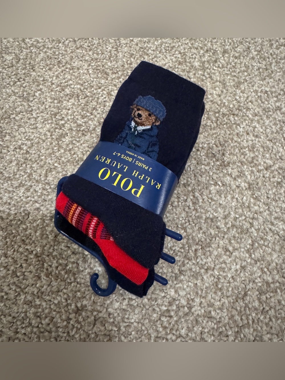 Polo by Ralph Lauren Kid's Navy & Red Bear Crew Socks - 3 Pack NEW Size4-7
